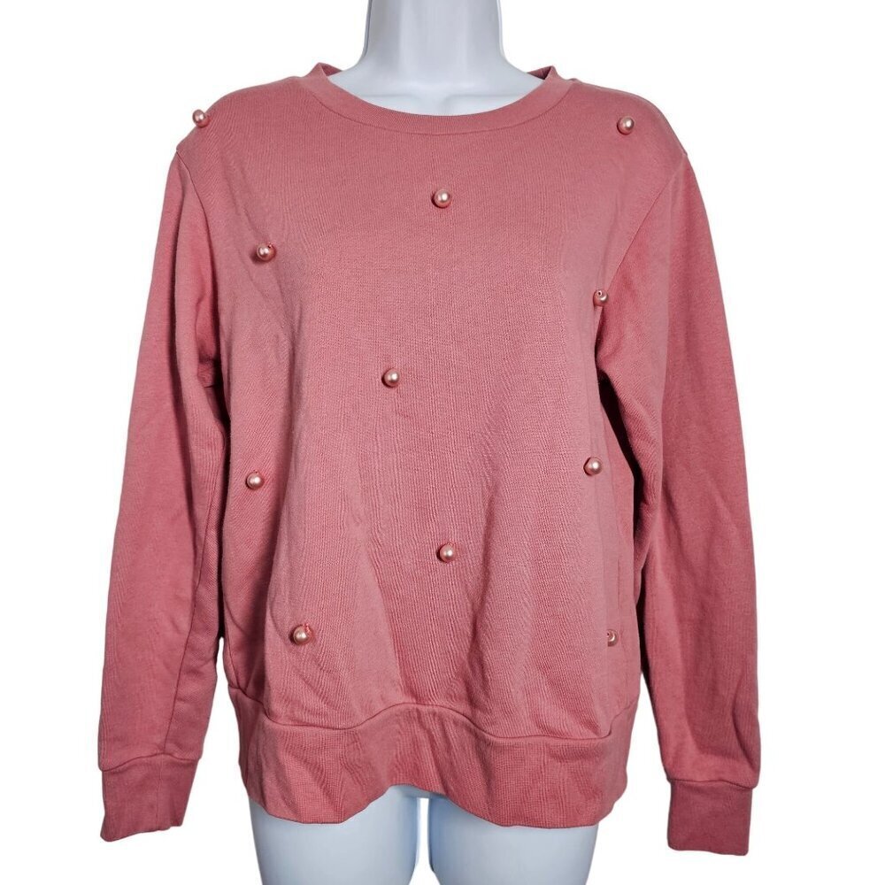 Rachel Parcel‎ Pink Pearl Embellished Crewneck Fleece Sweater Women's S
